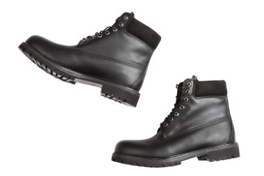 Siyah erkek deri ayakkabıları hareket halinde, adım, beyaz arka planda, kavram, izole