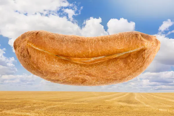 Loaf Bread Smiling Mouth Set Blue Sky Clouds Field Mowed — Stock Photo, Image