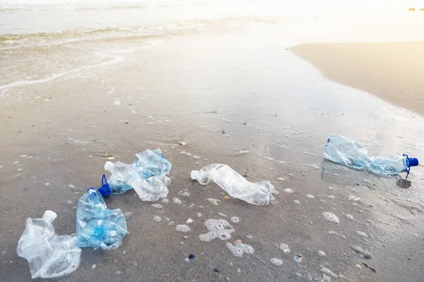 Concept Environmental Pollution Lot Plastic Bottles Carried Wave Sea Beach — 图库照片