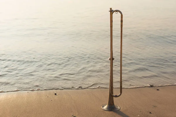 Nefesli/Üflemeli Saz tüp standları sahil üzerinde güzel gündoğumu aydınlatma, romantizm ve müzik kavramı