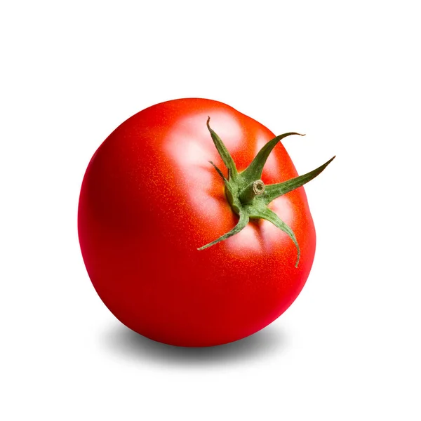 Röd Tomat Med Grön Stjälk Vit Bakgrund Skugga Isolerad — Stockfoto