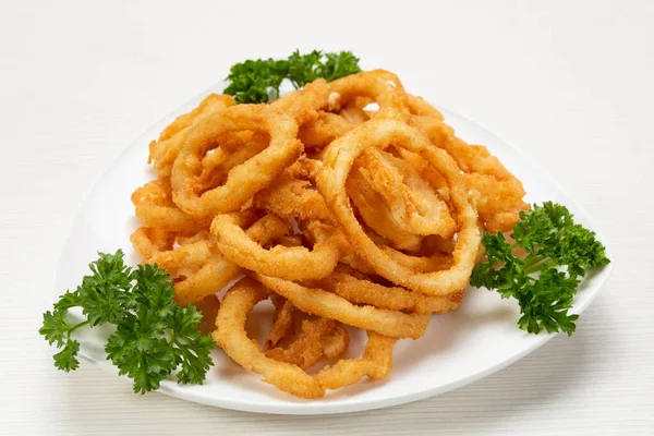 Squid Rings Deep Fried Laid Out Plate Decorated Green Parsley — Photo