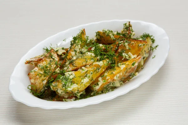 Baked Rustic Potatoes Garlic Chopped Dill Vegetarian Dish — Photo