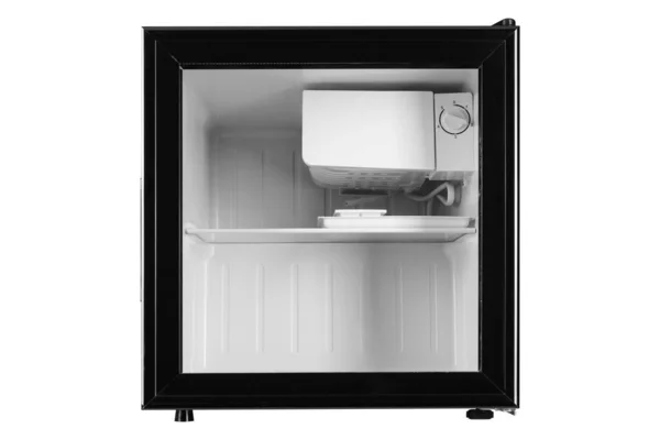 Pequeno Refrigerador Preto Com Uma Porta Vidro Layout Frontal Para — Fotografia de Stock