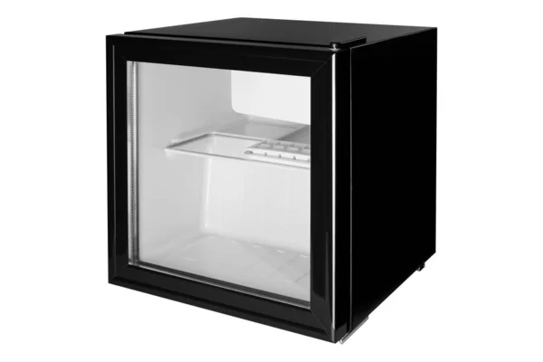 Новый Черный Холодильник Мини Бар Закрытой Стеклянной Дверью Отеля Вид — стоковое фото