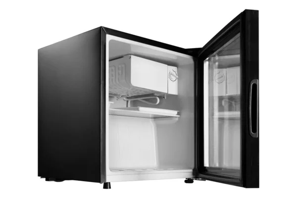 Новый Черный Холодильник Открытой Стеклянной Дверью Мини Бар Отеля Вид — стоковое фото