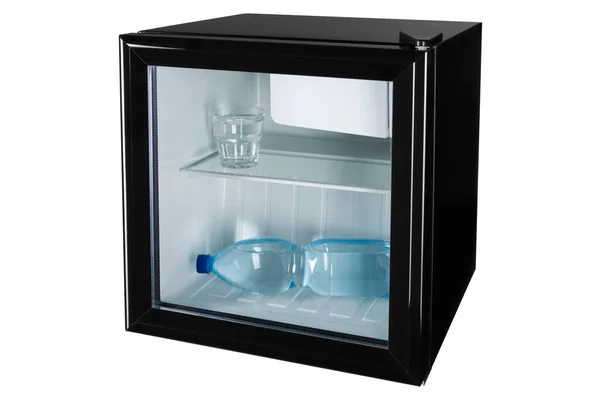 Mini Bar Negro Con Una Puerta Vidrio Una Botella Agua — Foto de Stock
