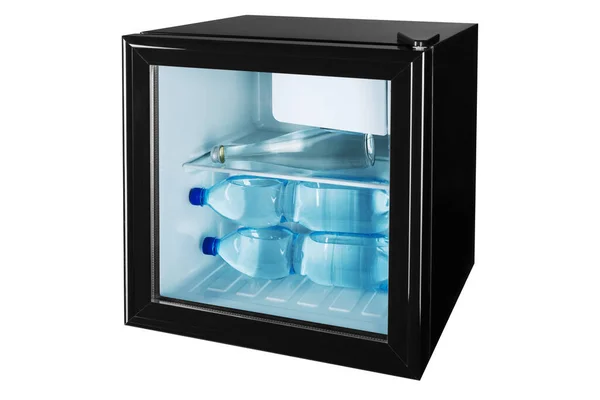 Черный Холодильник Бар Прозрачной Стеклянной Дверью Внутри Трех Бутылок Наполненных — стоковое фото