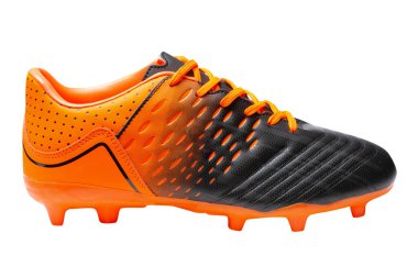 Futbol ayakkabıları, turuncu ve siyah karışımı, spor ayakkabıları, beyaz arka planda, izole edilmiş.