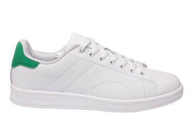 Beyaz deri ayakkabılar, yeşil ekleme, beyaz arka planda spor ayakkabıları, izole