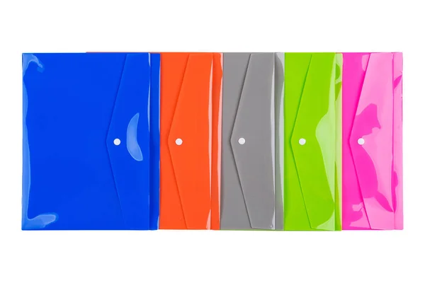 Five Multi Colored Plastic Folders Documents Laid Out White Background — Stock Photo, Image