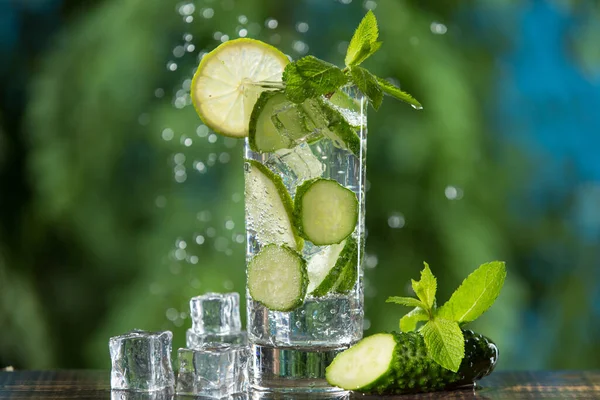 Soda Water Cucumber Mint Lemon Tall Glass Surrounded Ice Cubes — Stock Photo, Image