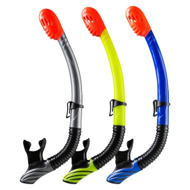 Tüplü dalış için üç renkli tüp, üst ve alt kapakçıklarla, beyaz arka planda,