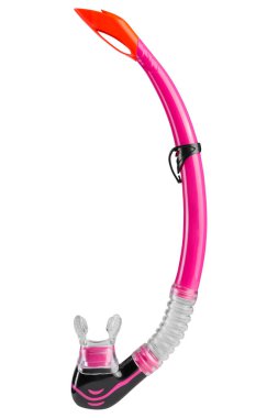 Üst ve alt flaplı pembe şnorkel, beyaz arka planda, izole