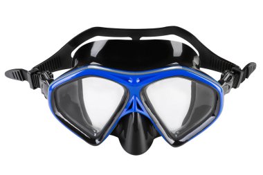 Siyah silikon kepenkli mavi dalış maskesi, ön konum, beyaz arka plan, izole