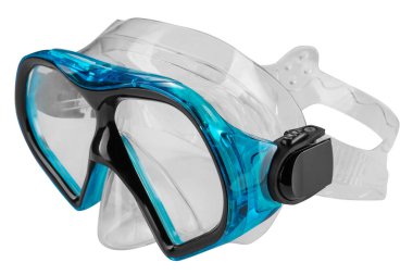 Mavi plastik şnorkelli maske, silikon kepenkli, çapraz düzenleme, beyaz arkaplan, izole