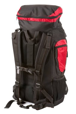 büyük siyah sırt çantası, kırmızı eklentiler, beyaz arkaplan, ters yüz, izole