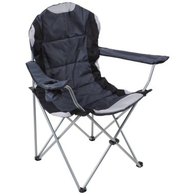 Kamp sandalyesi, metal bacaklı, gri kumaşlı beyaz arka planda, çapraz düzende, izole edilmiş.