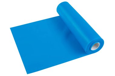 Mavi kauçuk direnç bandı, spor eğitimi için, bir rulo halinde, beyaz arka planda, izole
