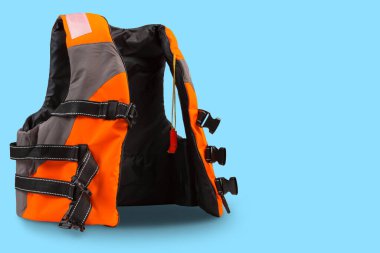 turuncu can yeleği, gri eklemli, cyan arka plan, konsept, kopyalama alanı