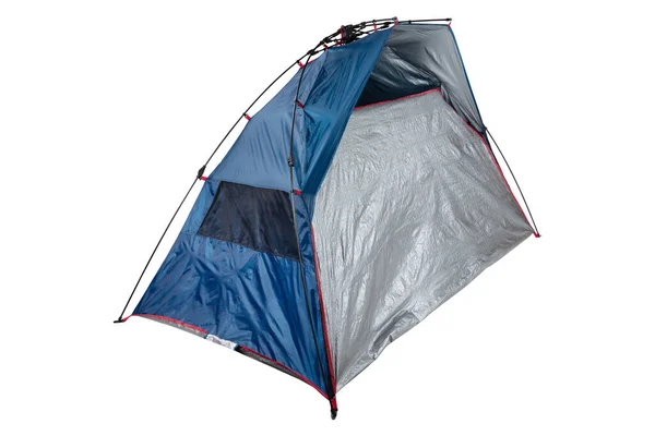 Einzelnes Blaues Einfaches Zelt Auf Weißem Hintergrund Diagonal Angeordnet Isoliert — Stockfoto