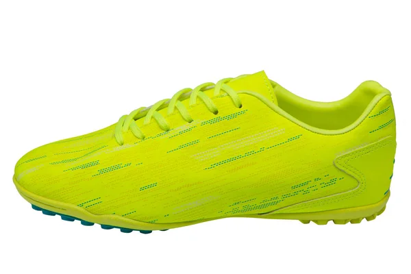 Limon Renkli Futbol Ayakkabıları Kauçuk Tabanlı Beyaz Arka Planda Izole — Stok fotoğraf