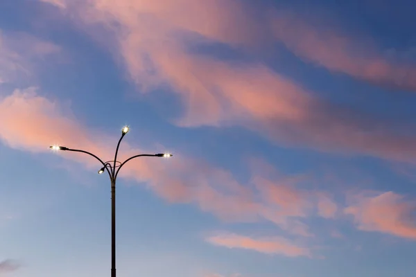 Moderne Straatlamp Schijnt Tegen Achtergrond Van Een Lavendelhemel Veel Roze — Stockfoto