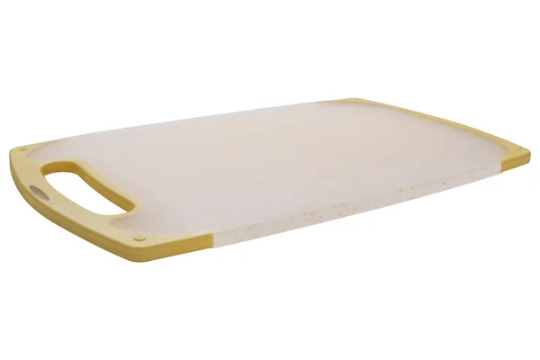 Rectangular Plastic Cutting Board Yellow Handle White Background Isolate — Stockfoto