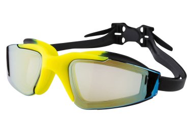 sports goggles for swimming, yellow with black, with mirrored glasses, on a white background, isolate