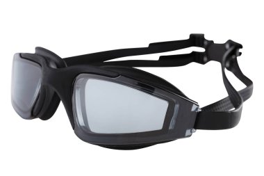black goggles for swimming and water sports, with silicone straps, on a white background, isolate