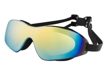 Goggles for swimming, with large mirrored glasses and with black rubber straps, for swimming in open water, on a white background, isolate