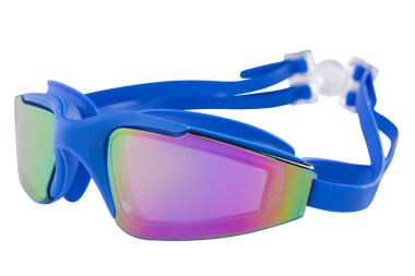 Blue goggles for swimming and water sports, with mirrored glasses, on a white background, isolate