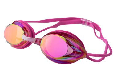 beautiful pink goggles for swimming in the pool, with mirrored glasses and silicone straps, on a white background, isolate