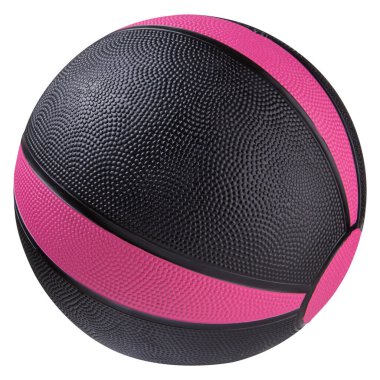 Black medicine ball with pink stripes, for crossfit and physiotherapy exercises, on a white background, isolate