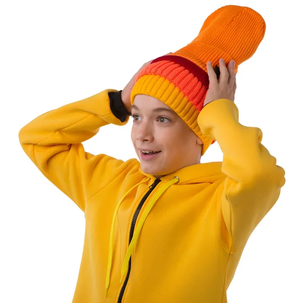 Teenager Boy Emotions Yellow Sports Jacket Four Colored Caps His — Zdjęcie stockowe
