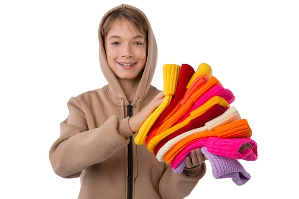 Happy Teenager Brown Sports Jacket Hood His Head Bunch Colored — Zdjęcie stockowe