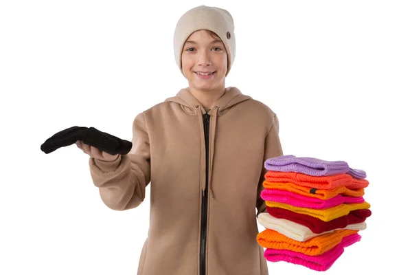 Smiling Teenager Boy Brown Hoodie Holds His Hands Scale One — 스톡 사진