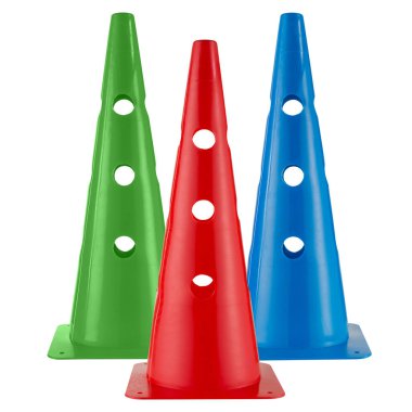 three colored sports cones, red, blue and green, stand on a white background, isolate