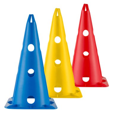 three colored sports or road cones, blue, yellow and red, stand on a white background, isolate