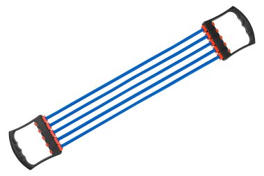 blue tubular fitness expander, five rubber tubes, white background, isolate