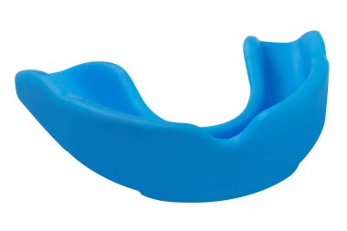 blue boxing mouthguard, front side, on white background, protection of teeth and lips, isolate