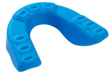 blue boxing mouthguard, reverse side, on a white background, protection of teeth and lips, isolate