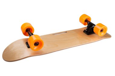 new modern skateboard with orange wheels, inverted, white background, isolate