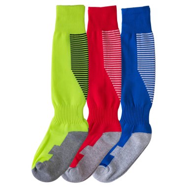 three pairs of colored football leggings on a white background, high socks for sports, isolate