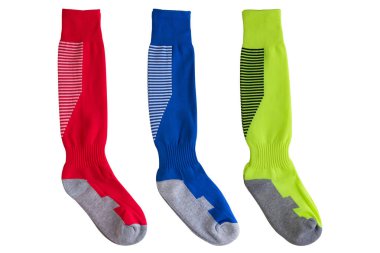 three pairs of colored football leggings horizontally located on a white background, high socks for sports, isolate