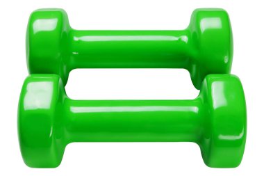 pair of green glossy dumbbells, on white background, frontal arrangement, isolate