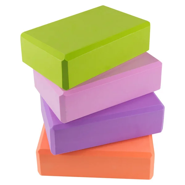 Four Colored Blocks Yoga Stack One Top Other Concept White — Stock Photo, Image