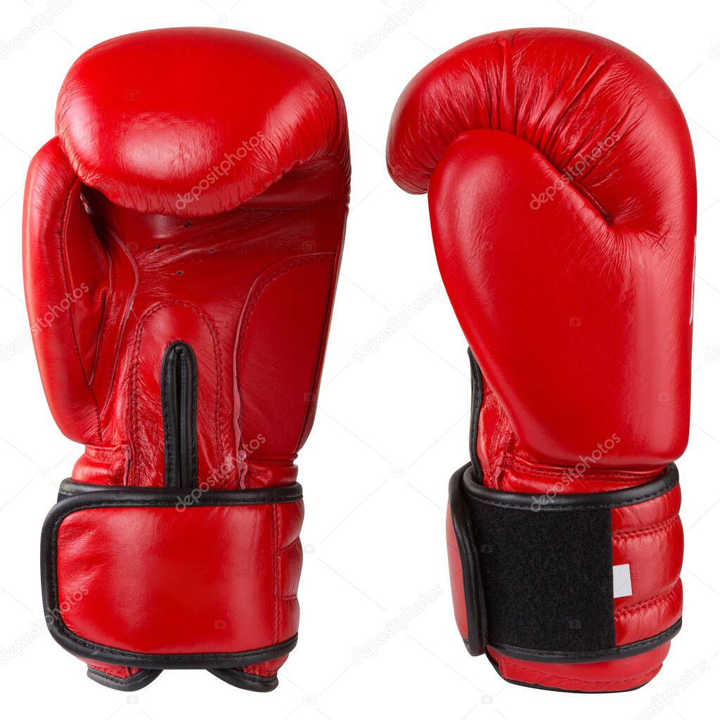pair of red boxing gloves standing frontally and sideways, on a white background, isolate