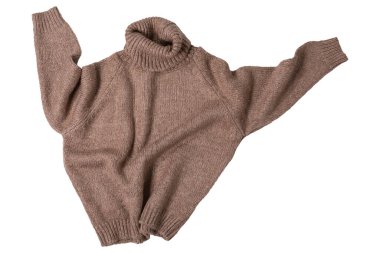 Brown knitted sweater, like a dancer, sleeves up, on a white background, isolate