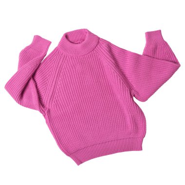 Pink knitted wool sweater, as if dancing with arms raised, on a white background, isolate